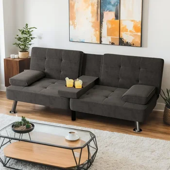 Modern Linen Convertible Futon Sofa Bed – Folding Couch with Armrests, Metal Legs & Cup Holders 1