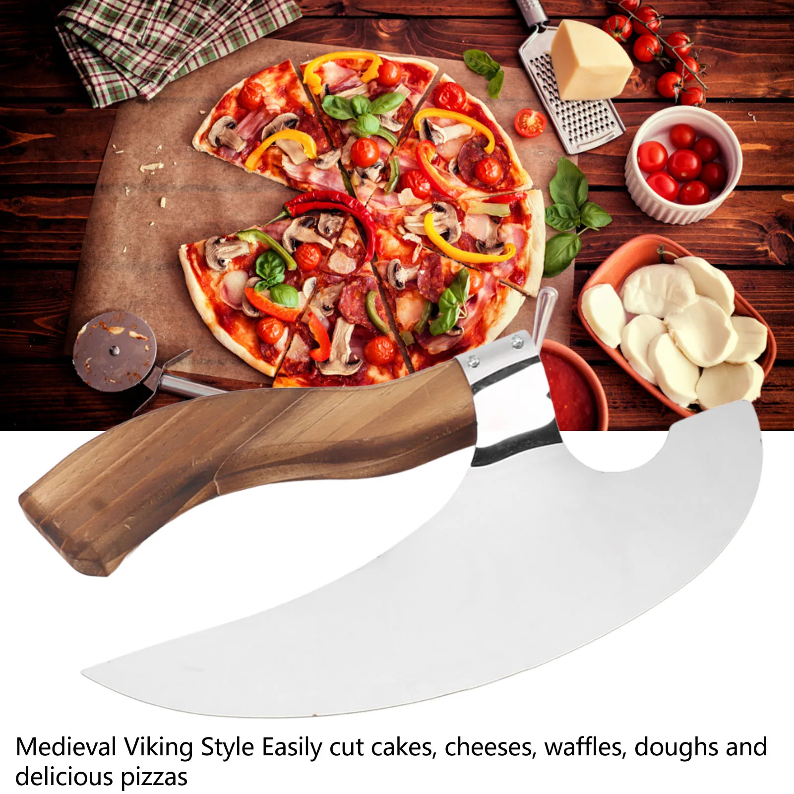 Pizza Cutting Viking Pizza Handmade Stainless Steel Medieval Cutter with Pine Wood Handle for Home Restaurant pizza cutter,pizza knife