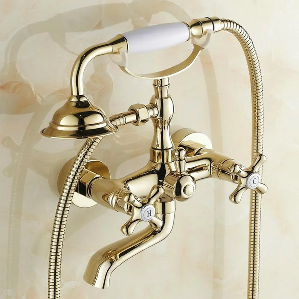 Polished Gold Bathroom Tub Faucet Telephone Style Bathroom Bathtub Wall Mounted With Handshower Swive Tub Spout Ntf130 5