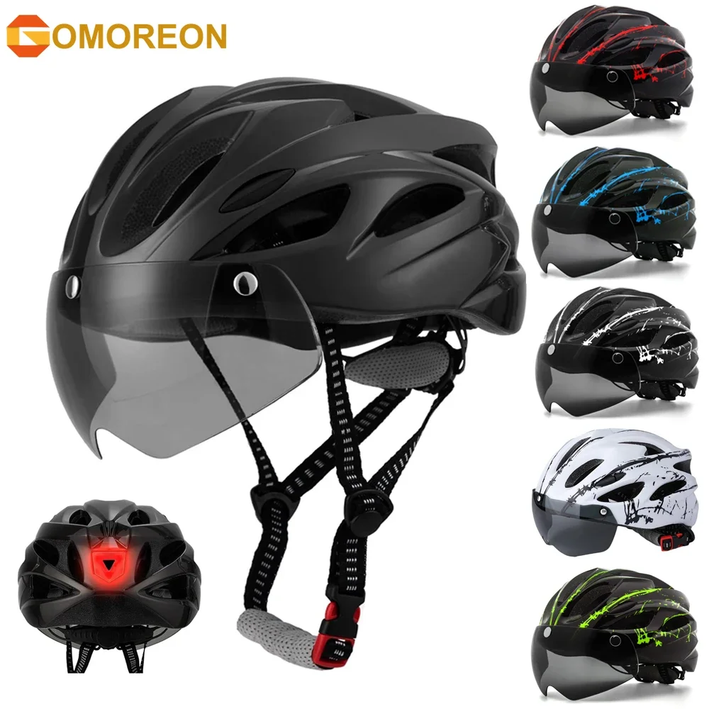Bike Helmet with Light & Detachable Magnetic Goggles UV Protective, Bicycle Helmet Mountain Road Adjustable Adult Cycling
