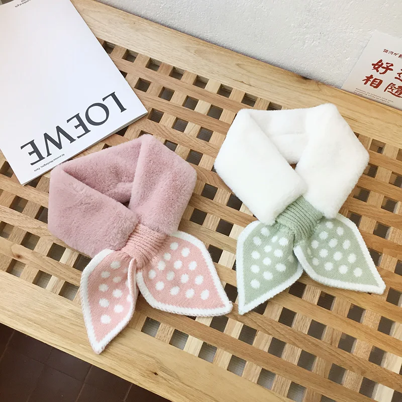 Autumn Winter Children's Dot Bear Scarf Baby Cold Proof Collar Plush Warmth Cute Solid Hair Knitted Fish Tail Cross Bib P07