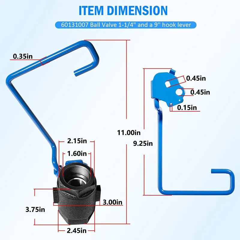 60131007 Ball Valve 1-1/4" Right-Hand Valve with 9" Hook Lever Rod, for Pitco Fryer SG14/14R, SG18/18F, SGM24/34/1824 and more