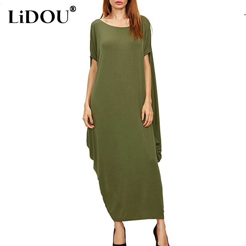 

Summer Autumn Solid Sexy Elegant Fashion Dress Women Short Sleeve Oversized Vestidos De Fiesta Vintage Loose Casual Robe Femme