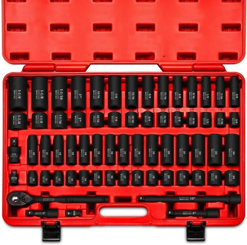 

NEIKO 02448A 1/2" Drive Master Impact Socket Set 65 Piece Standard SAE (3/8"-1-1/4") &Metric (10-24 mm) Sizes Deep & Shallow Kit