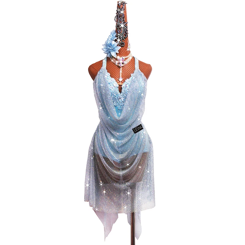 

Униформа для выступлений для латиноамериканских танцев, для женщин, для взрослых, с голубыми блестящими бриллиантами, облегающая, с открытой спиной