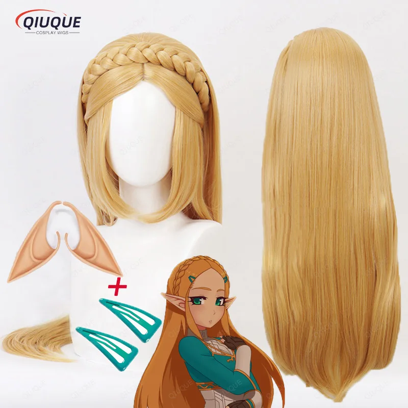 

High Quality Princess Zelda Cosplay Wig Long Golden Blonde Braided Heat Resistant Synthetic Hair Anime Party Wigs + Wig Cap