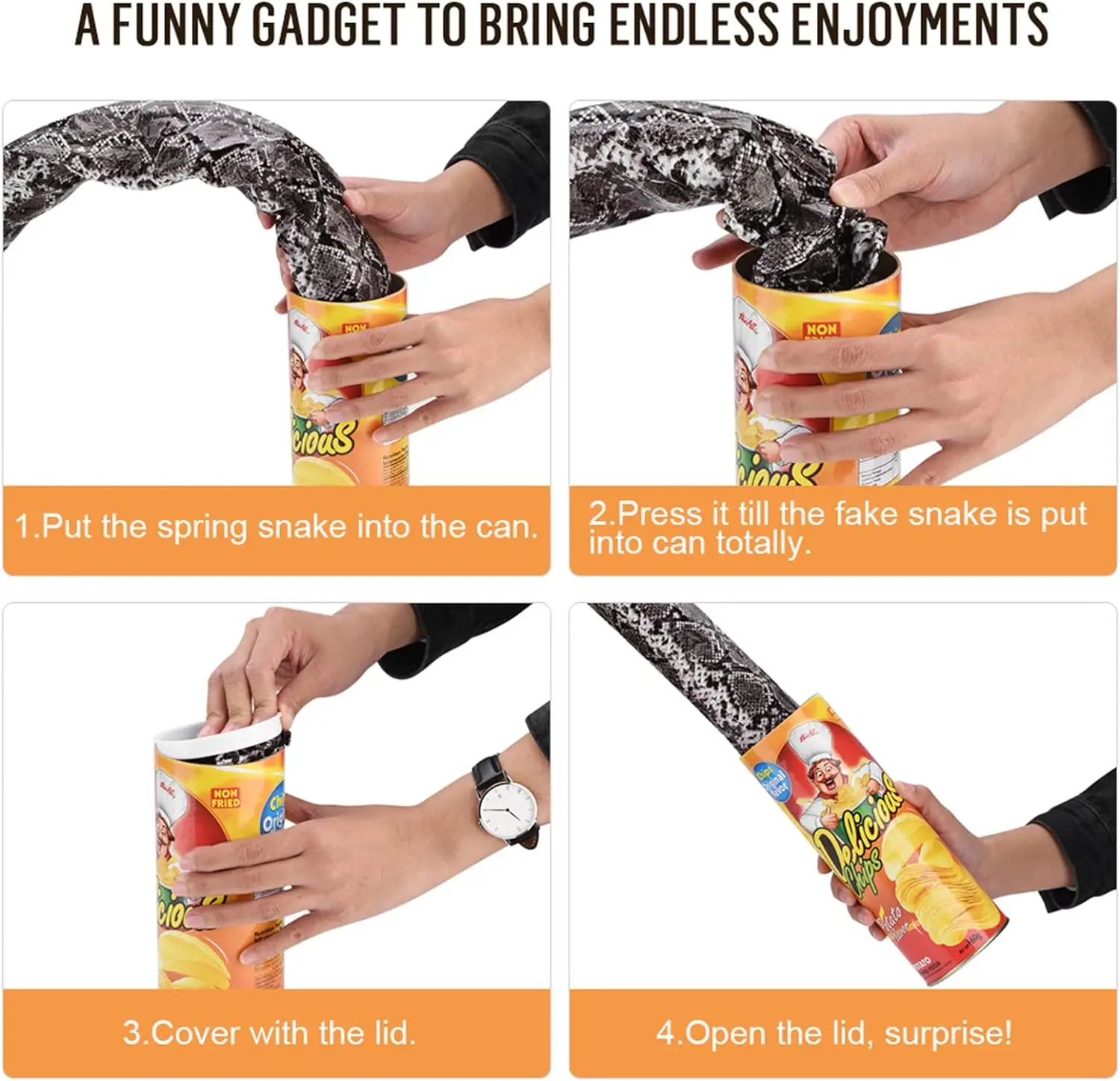 The Potato Chip Snake Can Jump Stage Magic Tricks Spring Snake Toy April Fool Day Halloween Party Jokes in A Can Gag Gift Prank 5