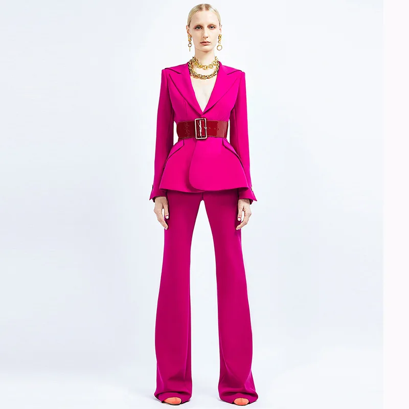 

Spot 2023 Spring New European and American Fashion One Button Belt Suit Micro Flared Pants Set Two Pieces