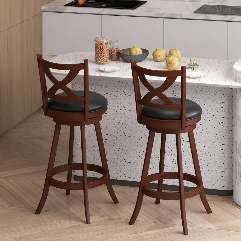 Bar Stools Set of 2, 30" Bar Height Stools with Back, Solid Rubber Wood Frame, Leather Padded Seat, Vintage Upholstered Armless