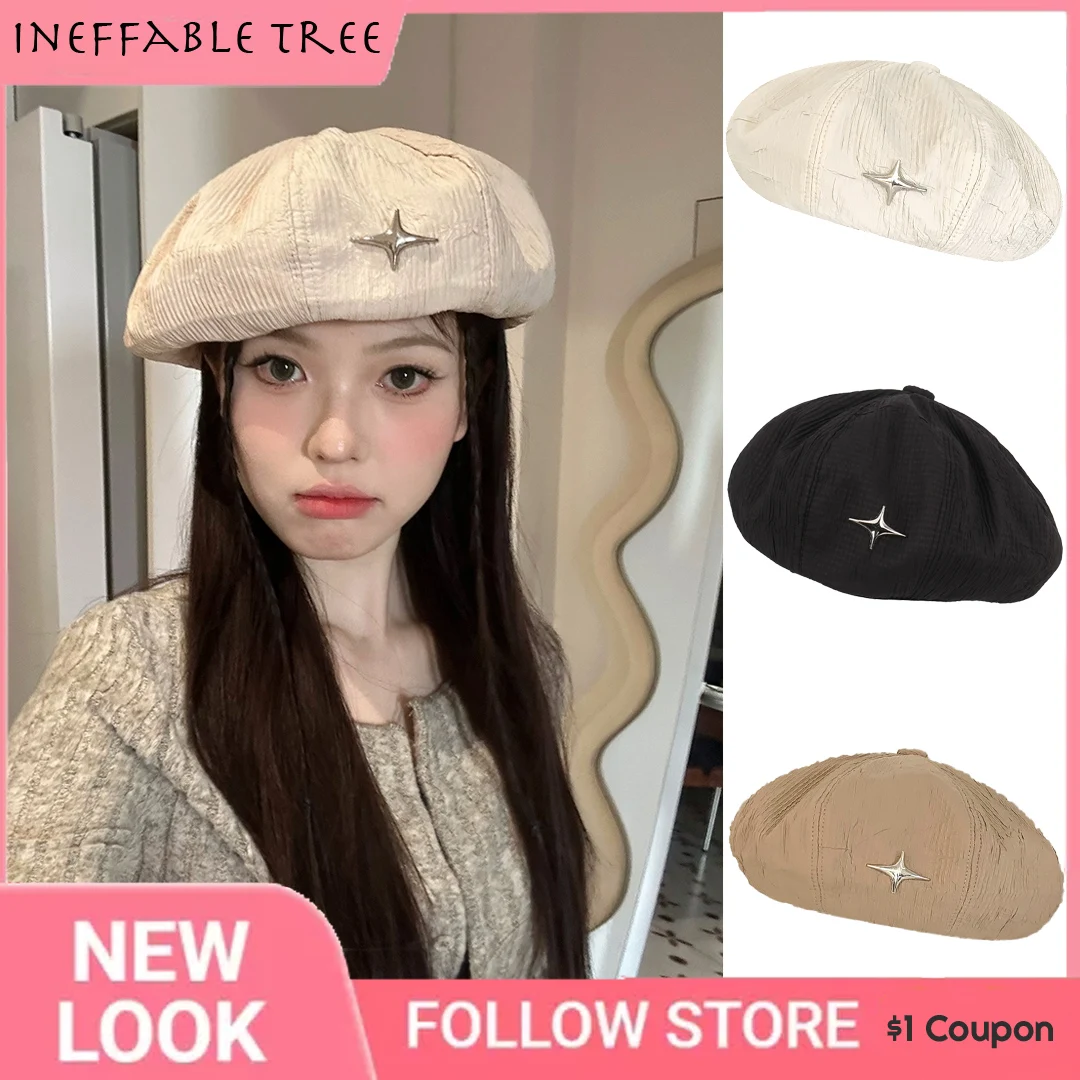 

Retro Casual Versatile Pleated Cross Star Decorative Beret Foreign British Painter Cap Korean Octagonal Hats for Women Bonnet