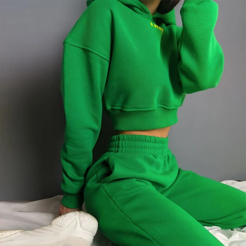 

Women Hoodie Top + Elastic Waist Pants Casual Outfit 2022 Winter Warm Two Piece Sets Autumn Long Sleeved Solid Chunky Tracksuit