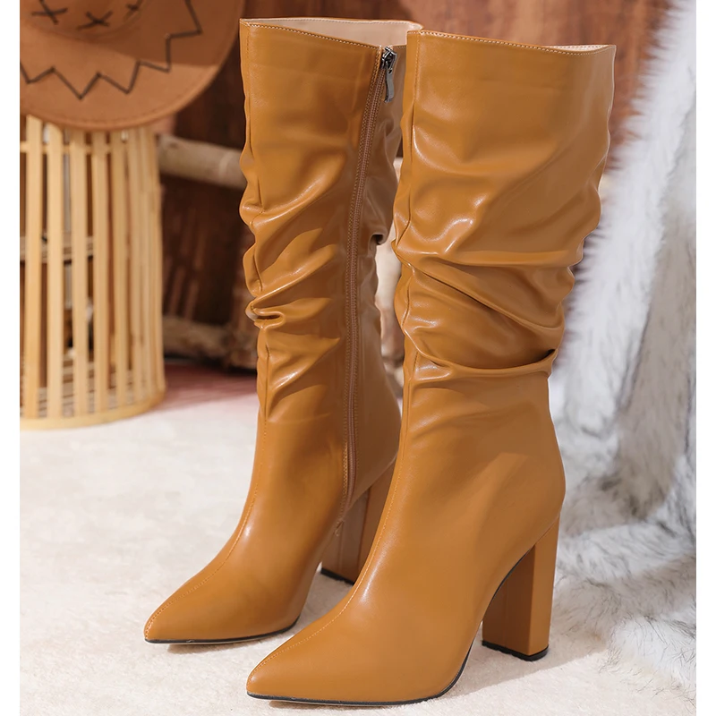 Plus Size 36-42 New Women Boots Zipper Thick Heels Simple Autumn Winter Boots Knee High Botas Mujer Genuine Leather Women Shoes