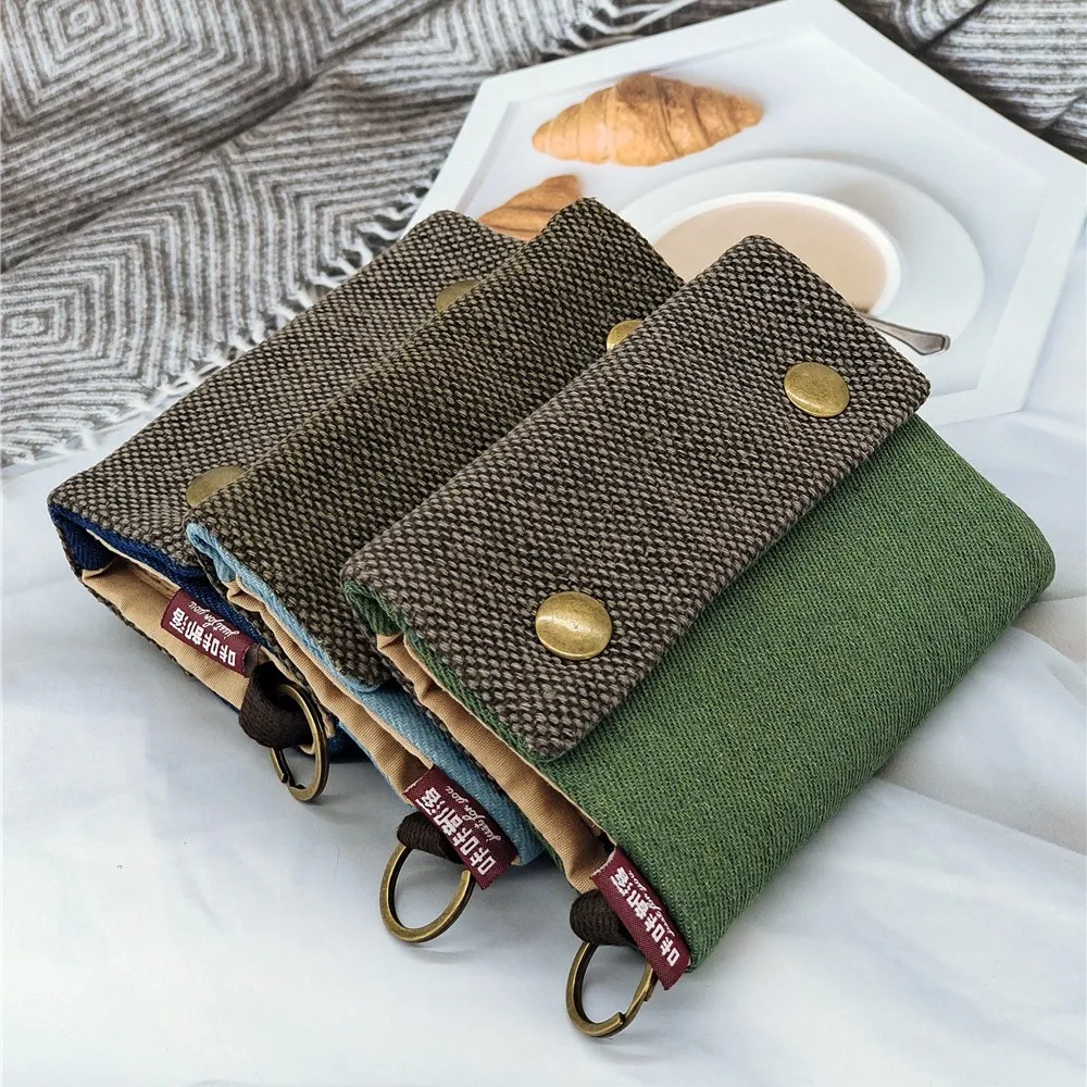 Handmade Three Fold Fabric Wallet Women Men Simple Short Zipper Purses for Teens Personality Multi-function Key Bag Card Holder