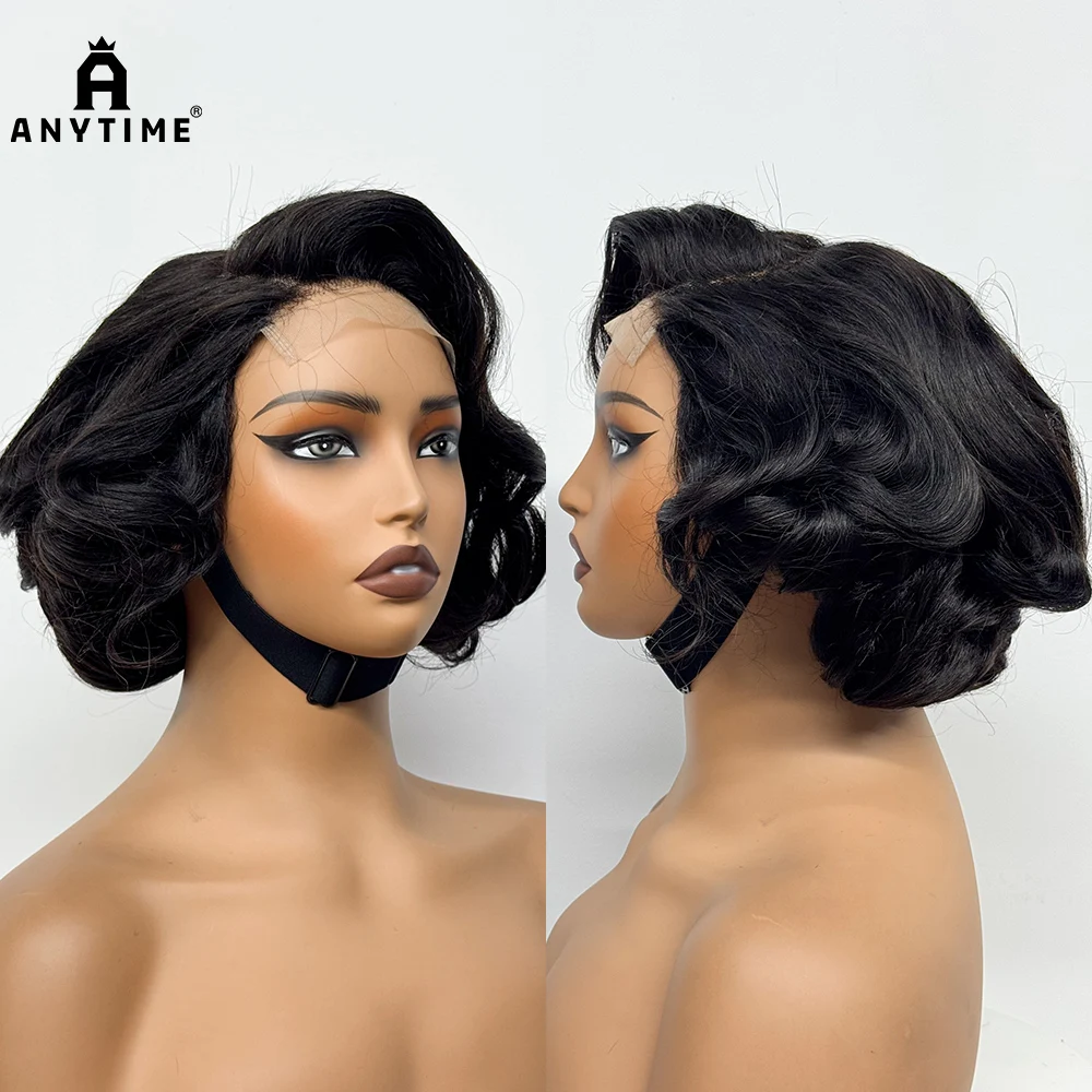 230% Density 5x5 Transparent Lace Short Loose Bouncy Wave Wavy Curly Human Hair Wig Closure Human Hair Bob Wig for Black Women