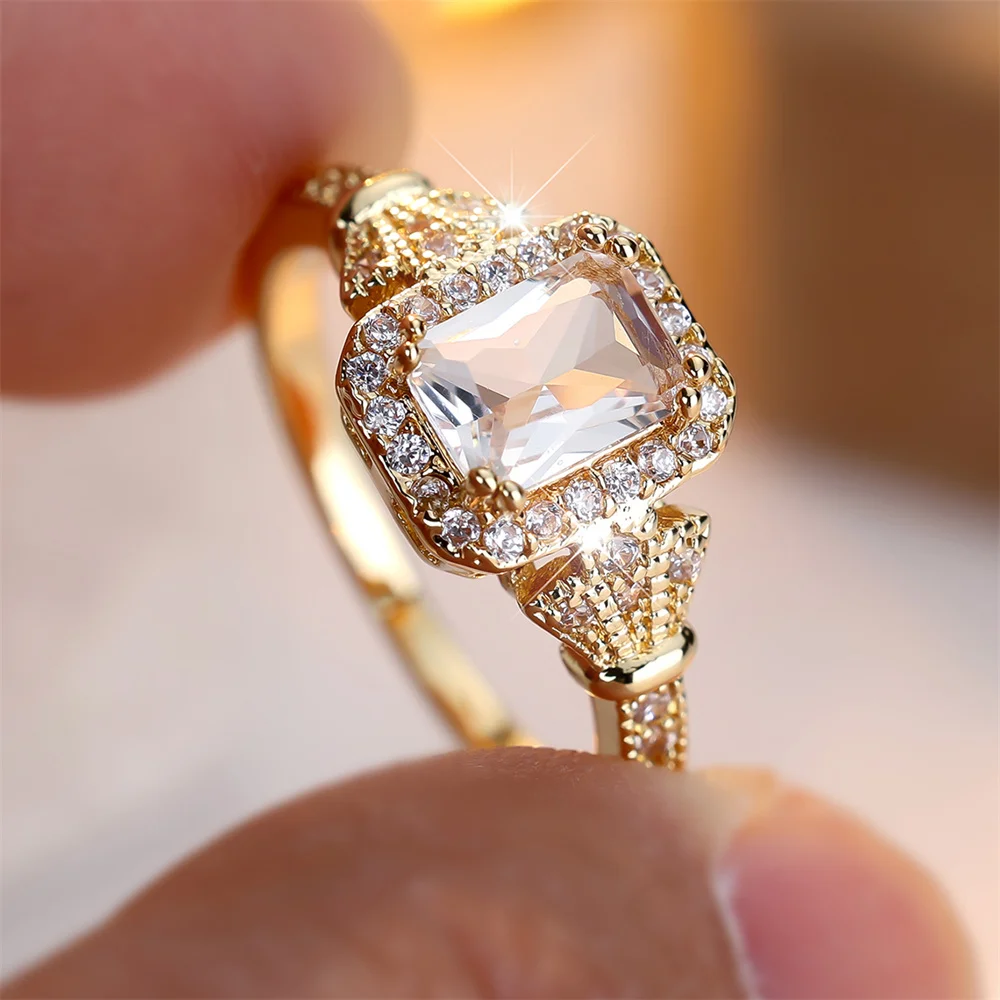 Luxury Crystal Square Zircon Stone Rings For Women Vintage Gold Color Engagement Bands Wedding Jewelry Bridal Versatile Gifts