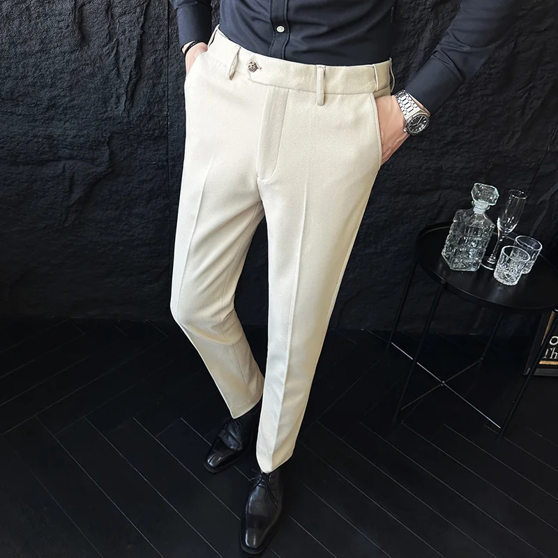 

Brand Clothing Autumn Winter Suit Pants Men Thick Business Classic Grey Brown Woolen Straight Korean Formal Trousers Male 28-38