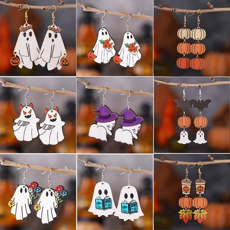Orecchini Di Halloween Caldi Cappello Da Strega Ghost Pumpkin Bat Flower Axe Scythe Book Orecchini Double Sided Wood Ringraziamento Orecchino Regalo