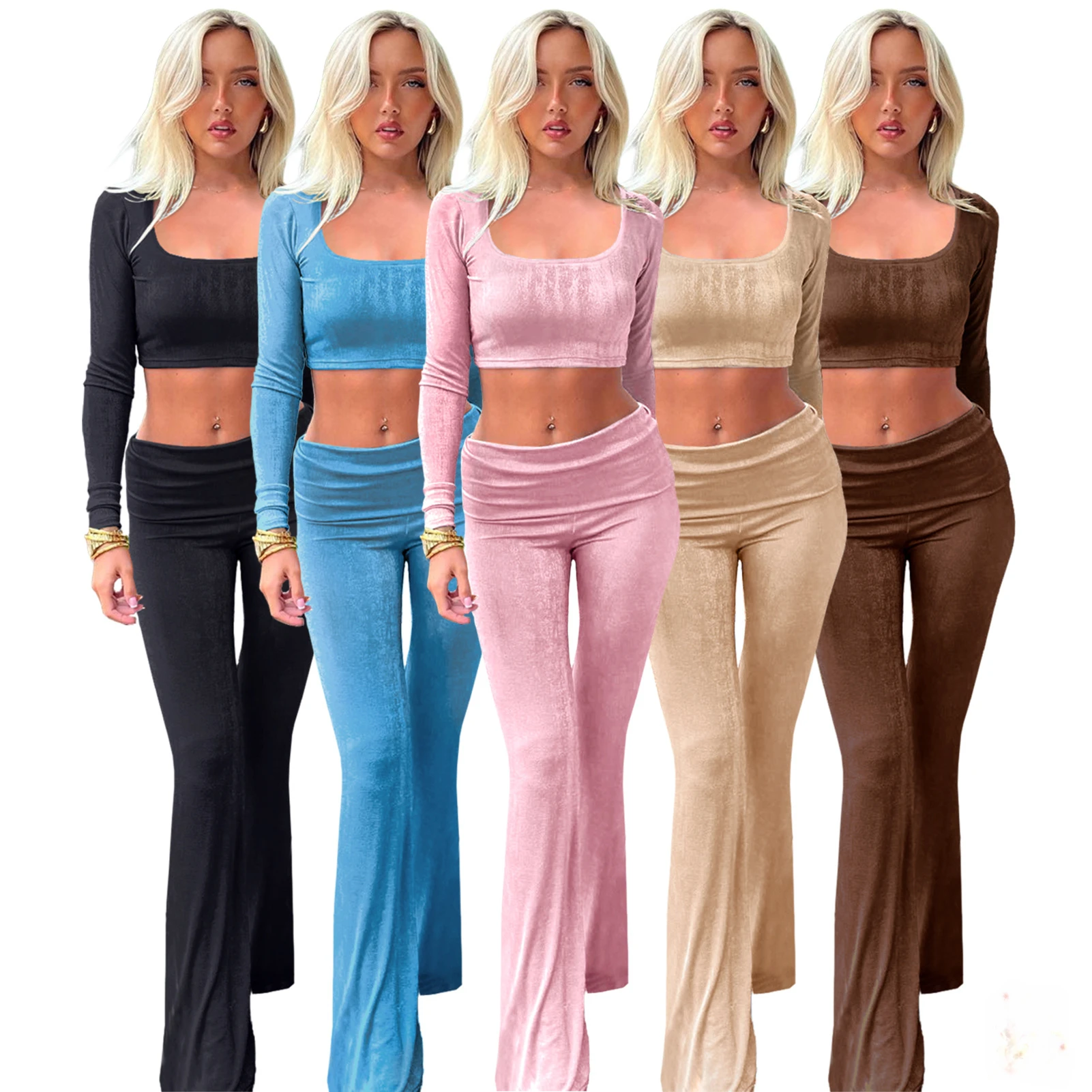 

Woman 2pcs Suit Solid Color Long Sleeve Square collar Casual Crop T-shirt+Wide Leg Pant Tracksuit 5Color S-XL