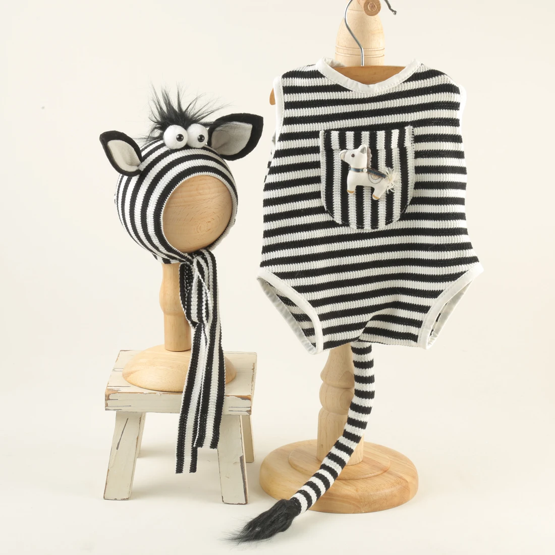  사진 소품 얼룩말 복장  봉제 Onesie  Romper 및 모자 세트  사진 의상