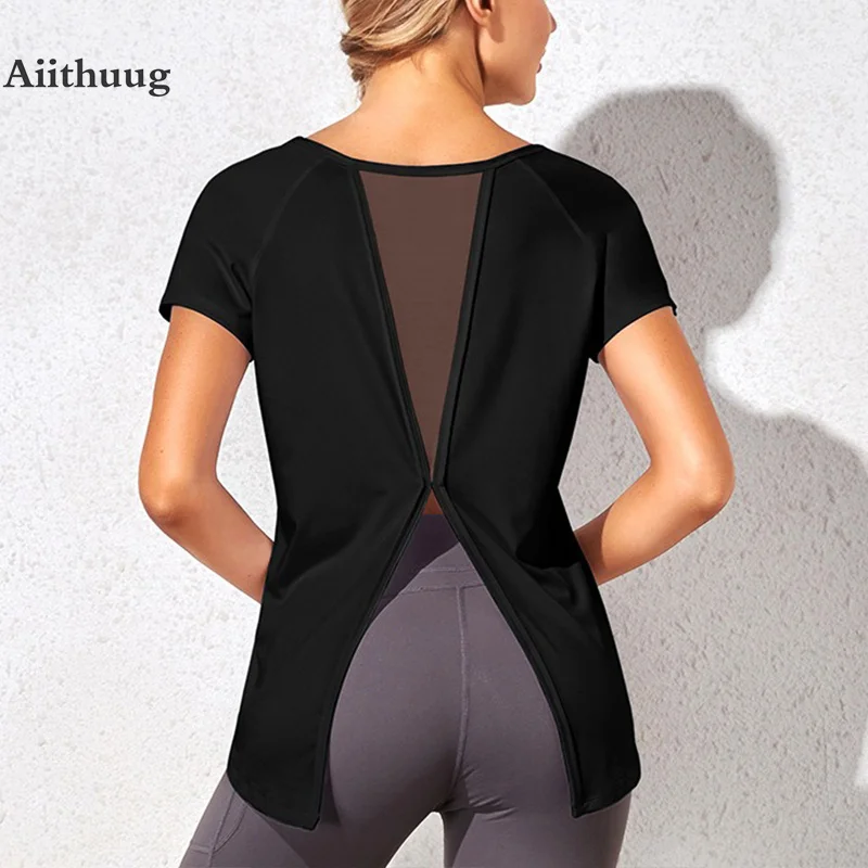 Aiithuug Yoga Short Sleeve Blouse Mesh Breathable Back Sexy Back Cool Feeling Quick Dry Slit Slash Workout Shirt Gym Sports T Shirt Yoga Top Yoga Shirt Sports Shirt