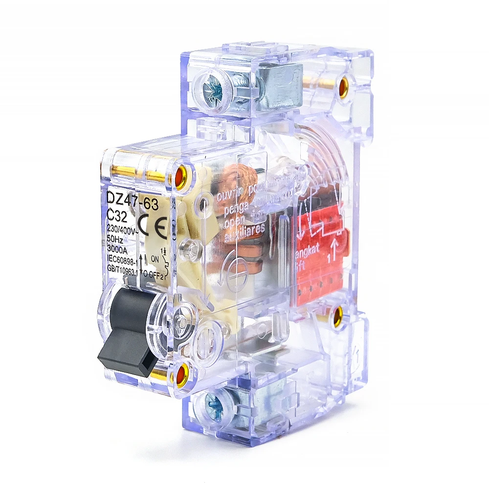 DZ47-63 Transparent Miniature Circuit Breaker Din Rail 1P 6-63A Home Use 230-400V Short Circuit Overload Dual Protection 1 Pcs