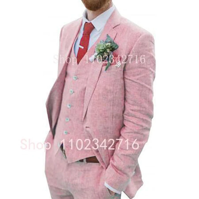Costume Homme 3 Piece Linen Men Suits 2023 Groom Tuxedo for Wedding Groomsman Summer Beach Male Suit (Jacket+Pants+Vest) Terno 3