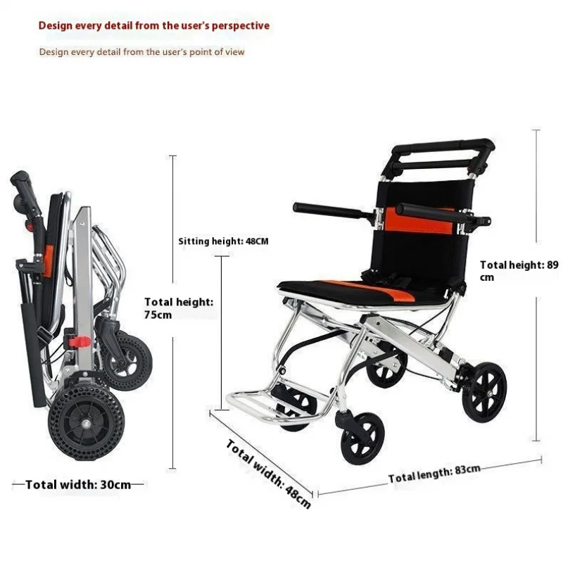 Portable Folding Wheelchair Travel Wheelchair with handbrake Ultra-Light for The Elderly and Children