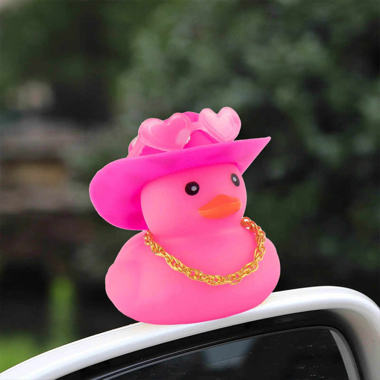 Car Cowboy Rubber Ducks, Dashboard Decorations Pink Duck for Car Ornament Accessories with Hat Heart Glasses Chain, Pink 6