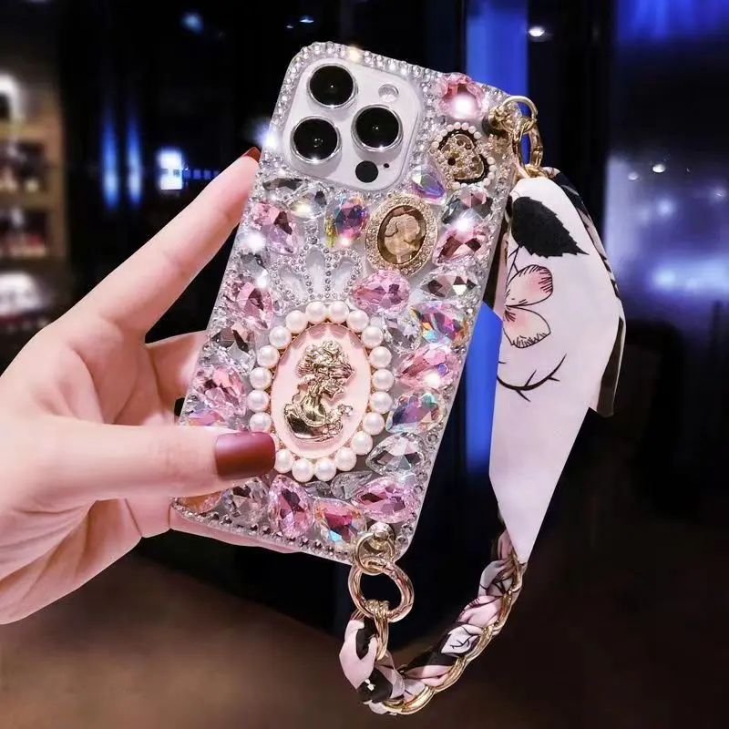 Ribbon Cord Diamond Phone Case with Wrist Lanyard and Stylish Cover Design
