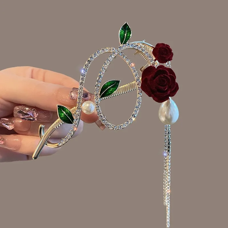 

2023 Temperament Retro Rose Tassel Fixed Plate Hair Artifact Ponytail Holder Hair Clips Back Head Decorative Hairpin Accessories
