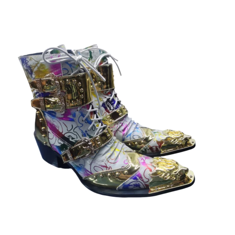 Color Leather Ankle Men's Boots Western Cowboy Boots Men Pointed Metal Toe Lace-up 6.5cm Heels Motorcycle/Biking Boots