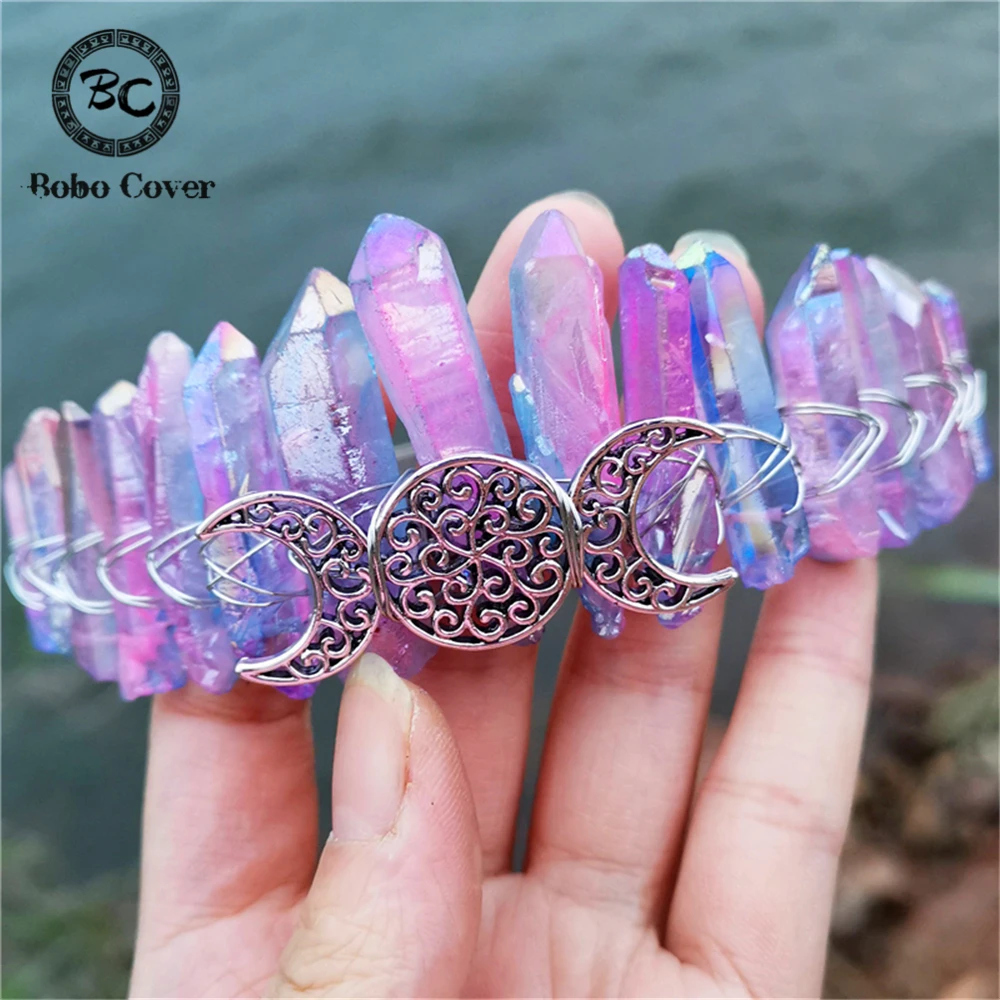 Charm Natural Crystal Wicca Moon Hair Accessories Women Witch Girl Crown Handmade Raw Quartz Headdress Gothic Prom Tiara Jewelry