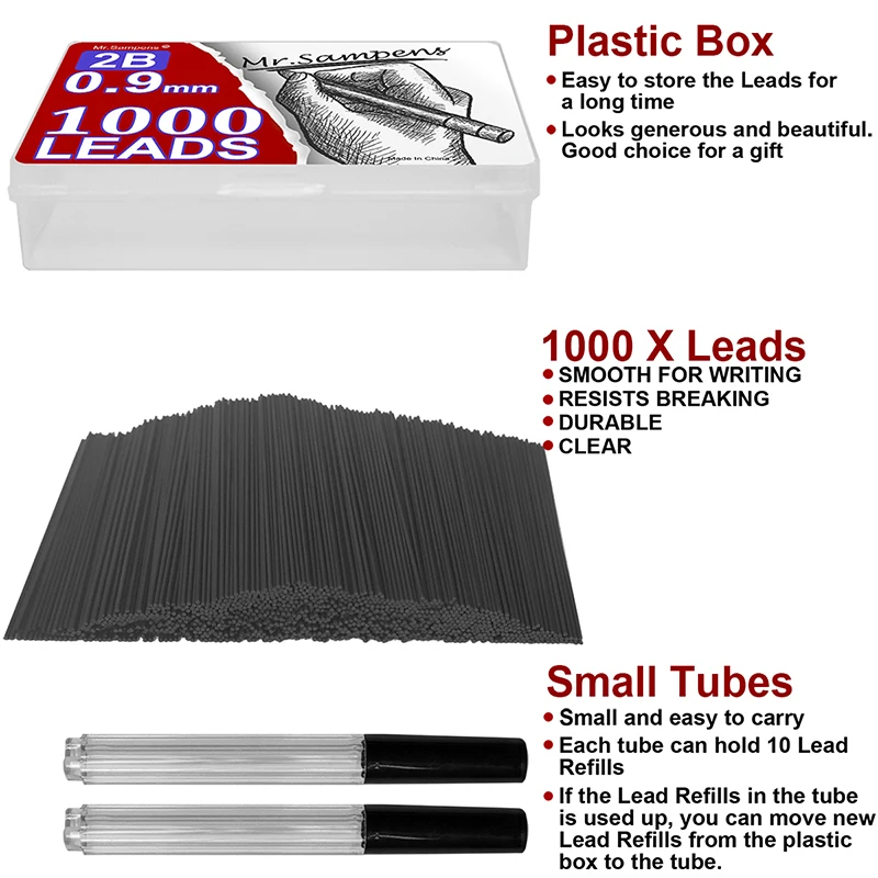 1000Pcs/box 0.9mm 2B Mechanical Pencil Refill Mechanical Pencil Leads 2B Pencil Automatic Pencil Core Refill School Black 3