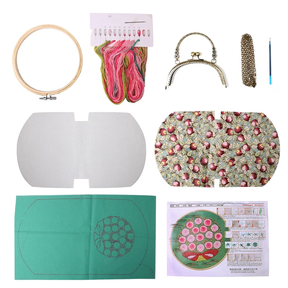 DIY Embroidery Bag Handcraft Needlework Cross Stitch Kit Flowers Pattern Hand Bag Purse Pendant with Handle and Sling Chain