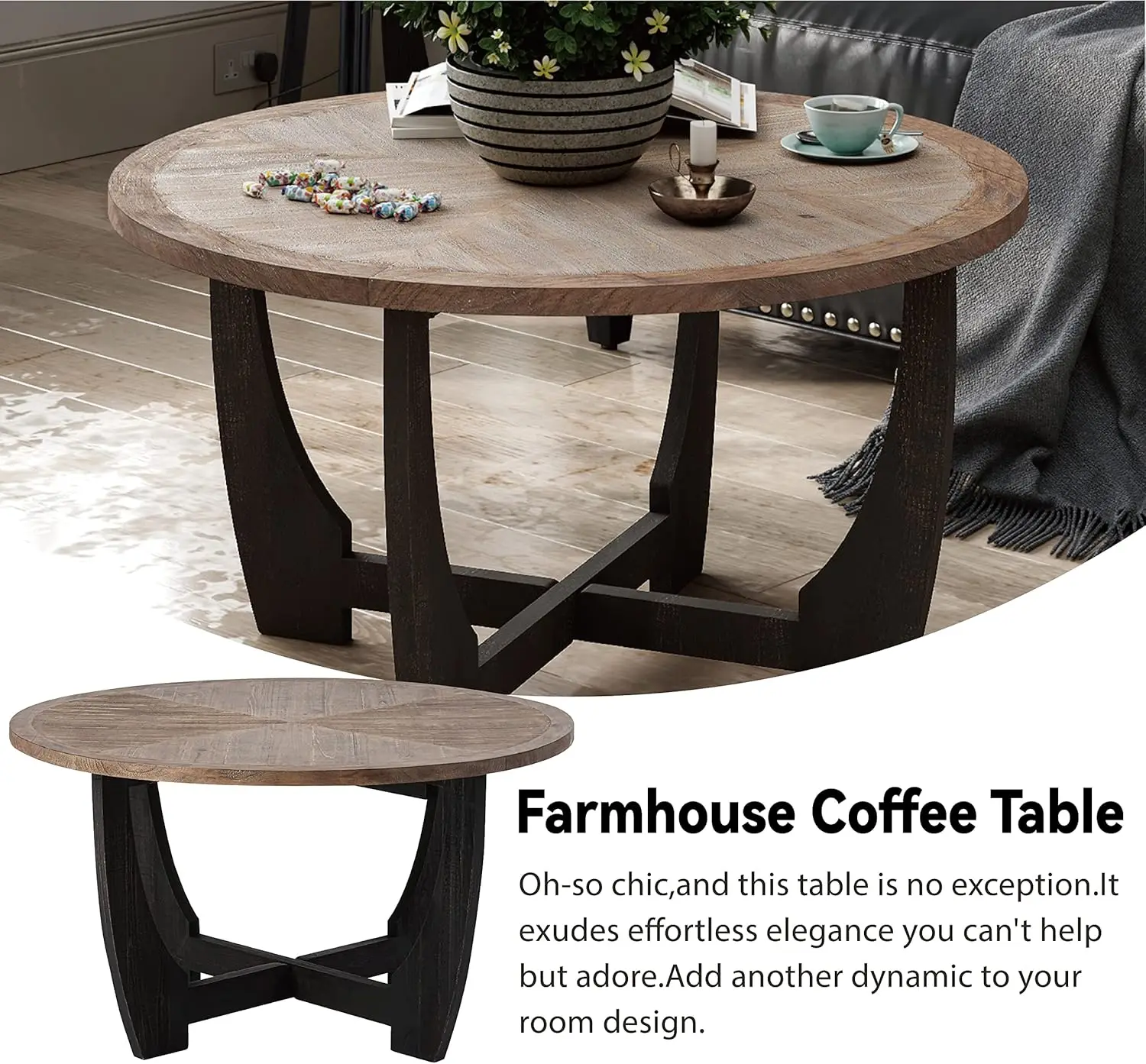 Farmhouse Coffee Table with Crisscross Base, French Country Accent Table for Family, Dinning or Living Room, Modern, Round 3