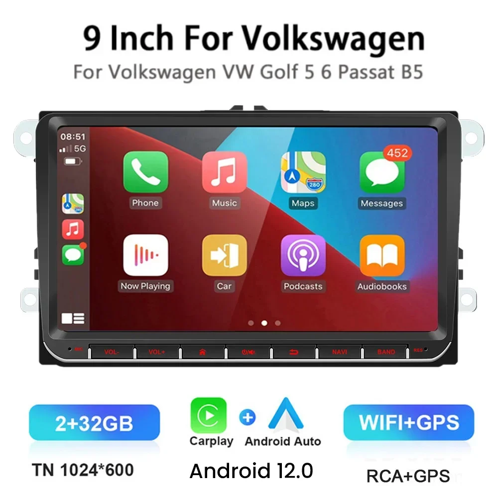 9 "Autoradio Android 12 Per Vw Passat 6 7 Cc Polo Golf 5 6 Touran T5 Wifi Navigazione Gps Bt Wifi Split Screen Head Unit Radio Fm