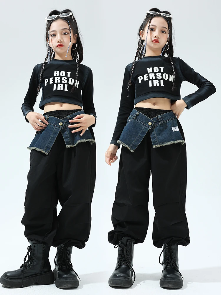 

Fashion Girls Clothes Jazz Dance Costume Black Tops Pants Long Sleeves Hip Hop Dance Outfits Concert Performance Wear BL11920