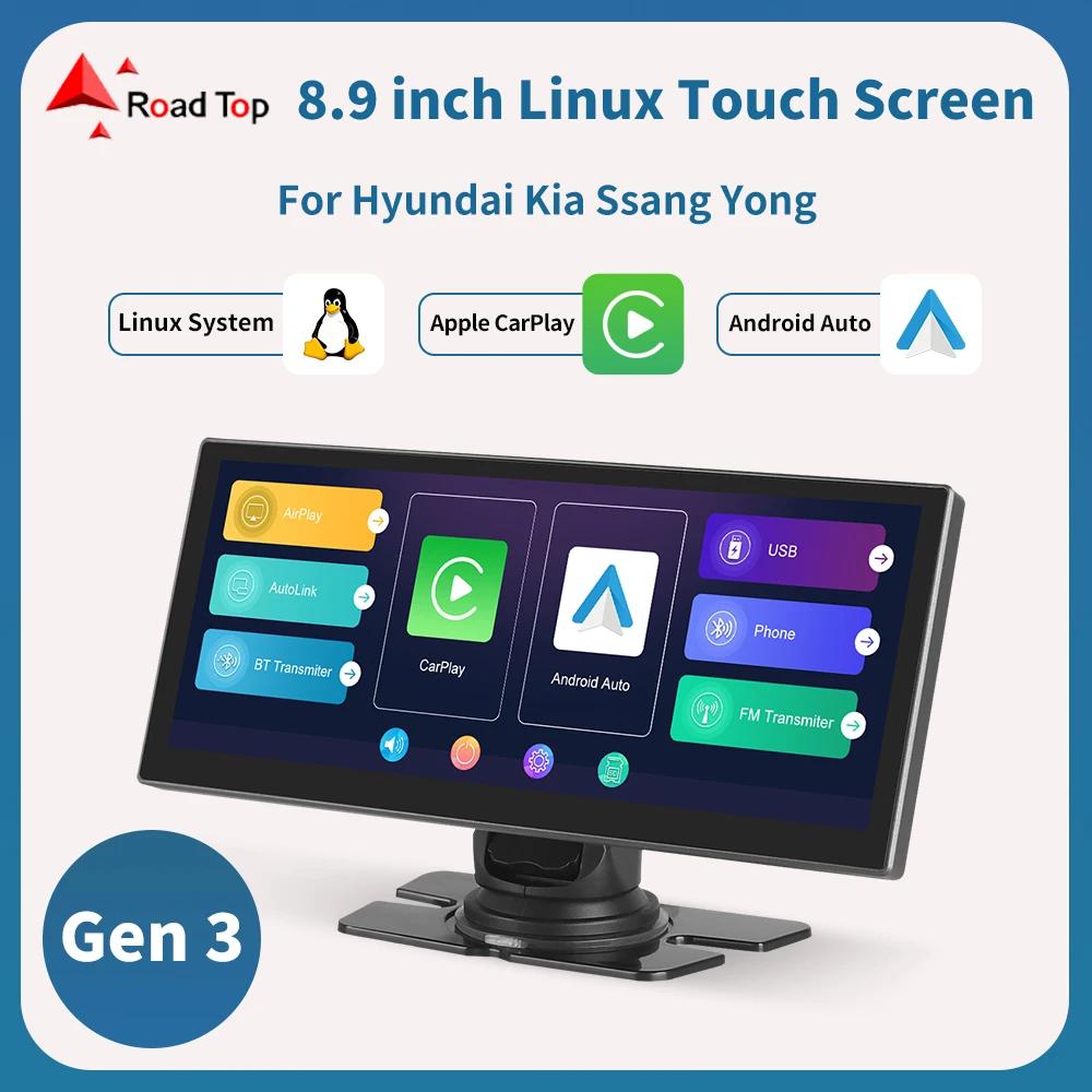 

Road Top Universal 8.9 inch Wireless Carplay Android Auto Touch Screen For Hyundai Kia Ssang Yong GPS Navigation Reverse Camera
