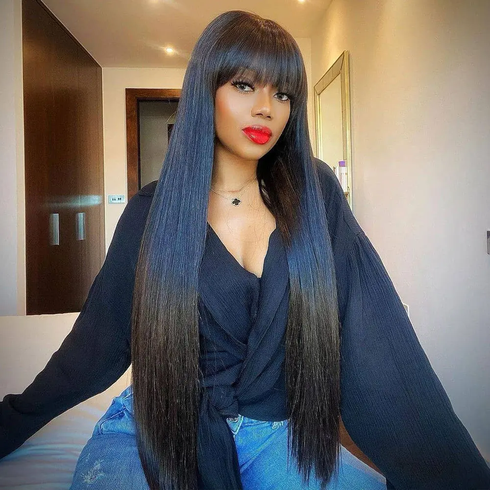 

30 Inch Bone Straight 3x1 HD Lace Closure Wig Full Machine Made Wig With Bangs 100% Human Hair Wig Glueless Fringe Bob Wig