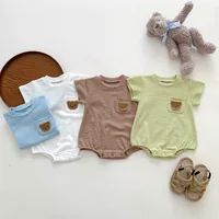 2025 Baby Summer Newborn Baby Boys Bodysuit Bear Round neck Short Sleeve Solid Cotton Triangle Romper Toddler Boys Jumpsuit 1