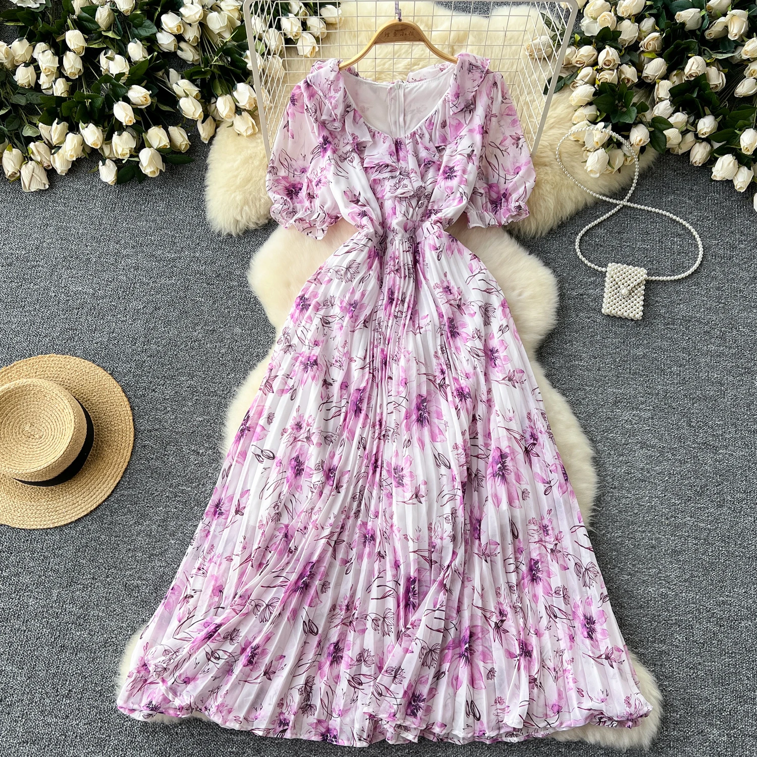 

French Print V-neck Edible Tree Fungus puff Sleeve Sweet Dress Women Summer Waist Cinching Thin Chiffon Resort Dresses