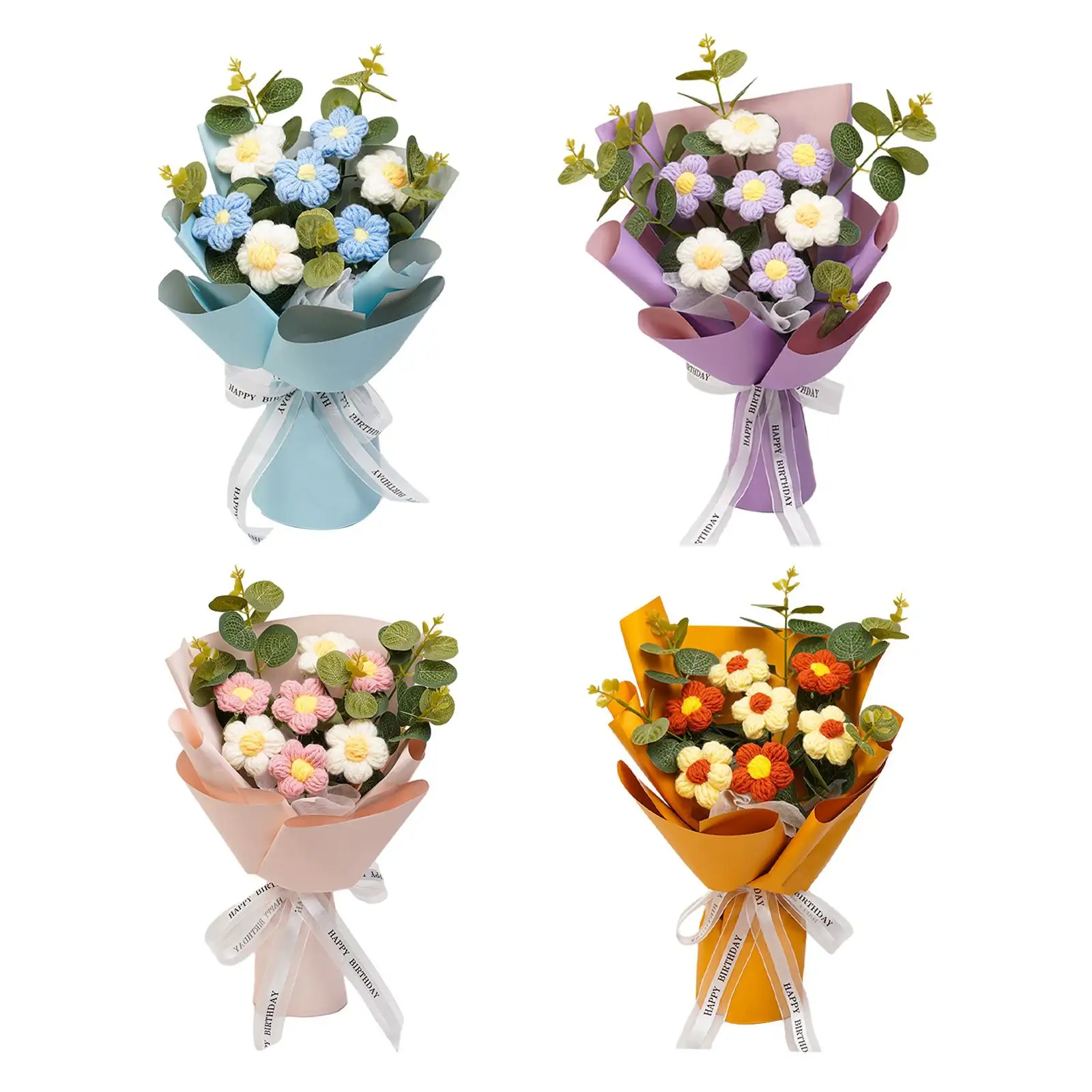 Crochet Flower Bouquet Mother Day Gift Versatile Floral Arrangements Hand Woven Bouquet for Desktop Party Wedding Home Gift