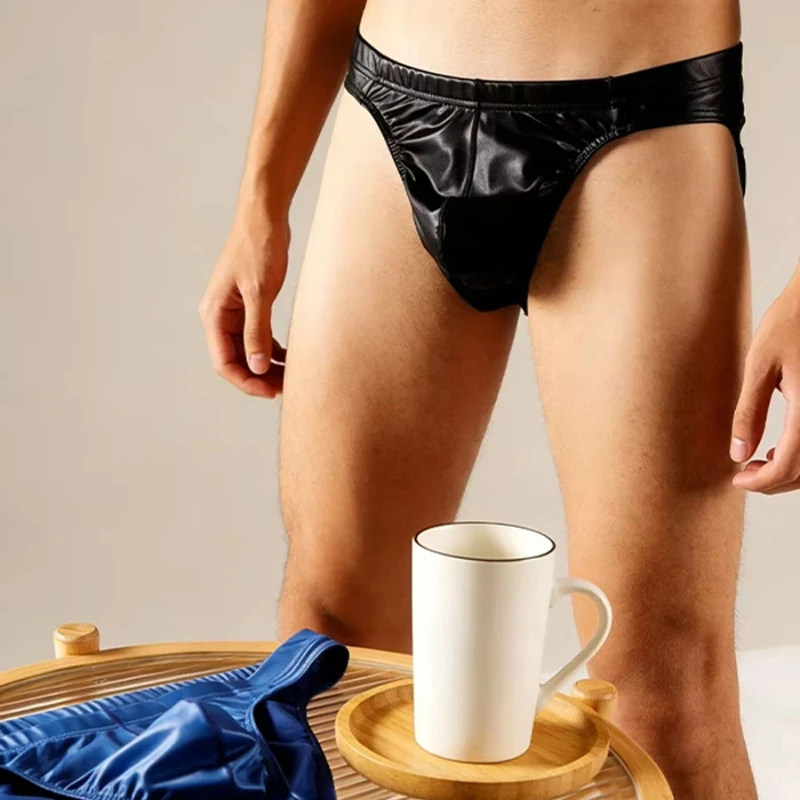 Slip sexy da uomo in similpelle, intimo a vita bassa con sacchetto a cupola, lingerie, mutande, biancheria intima da uomo - immagine 5
