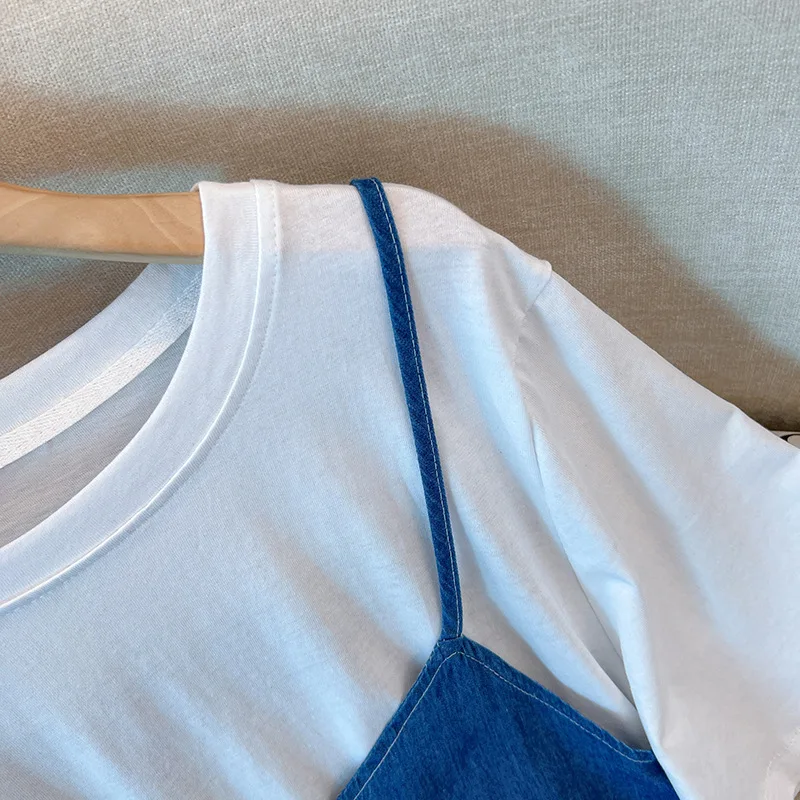 160Kg Plus Size Women\'s Bust 150 Summer Loose Strap Fake Two Piece Denim Dress Blue Large 5XL 6XL 7XL 8XL 9XL