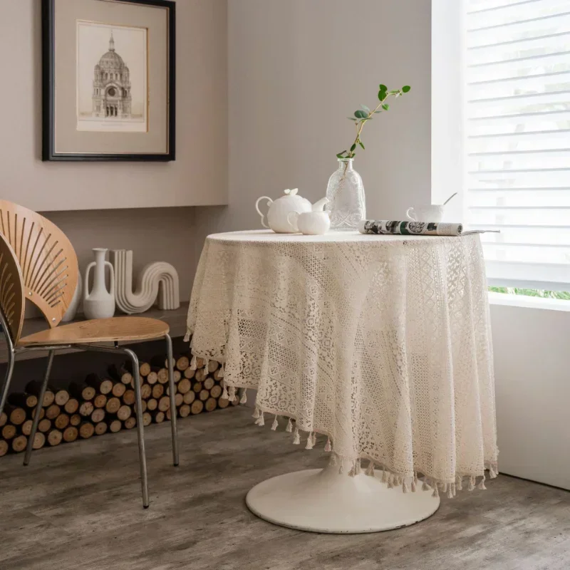 

Nordic Style Cotton Linen Tablecloth Round Crochet Cover Towel Tablecloth Woven Coffee Table Cloth Hollowed Out Tassel Table Mat