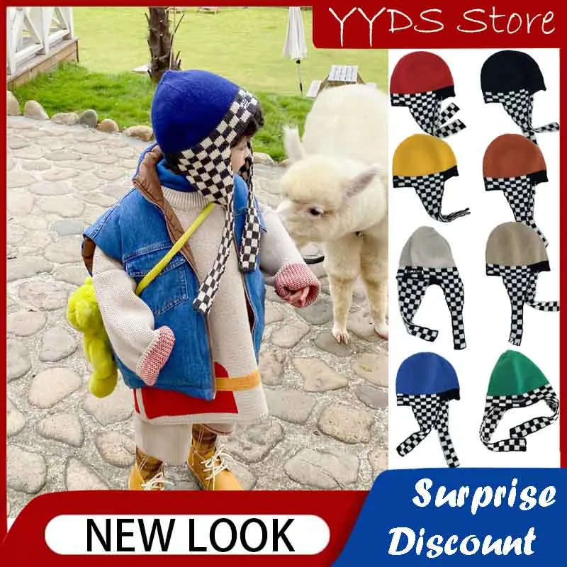 Children's Knitted Hat Korean Version of The Checkerboard Flight Cap Ear Protection Scarf All-in-one Hat Retro Niche Knitted Hat retro small envelope environmental protection paperback paper envelopes 10pcs free shipping