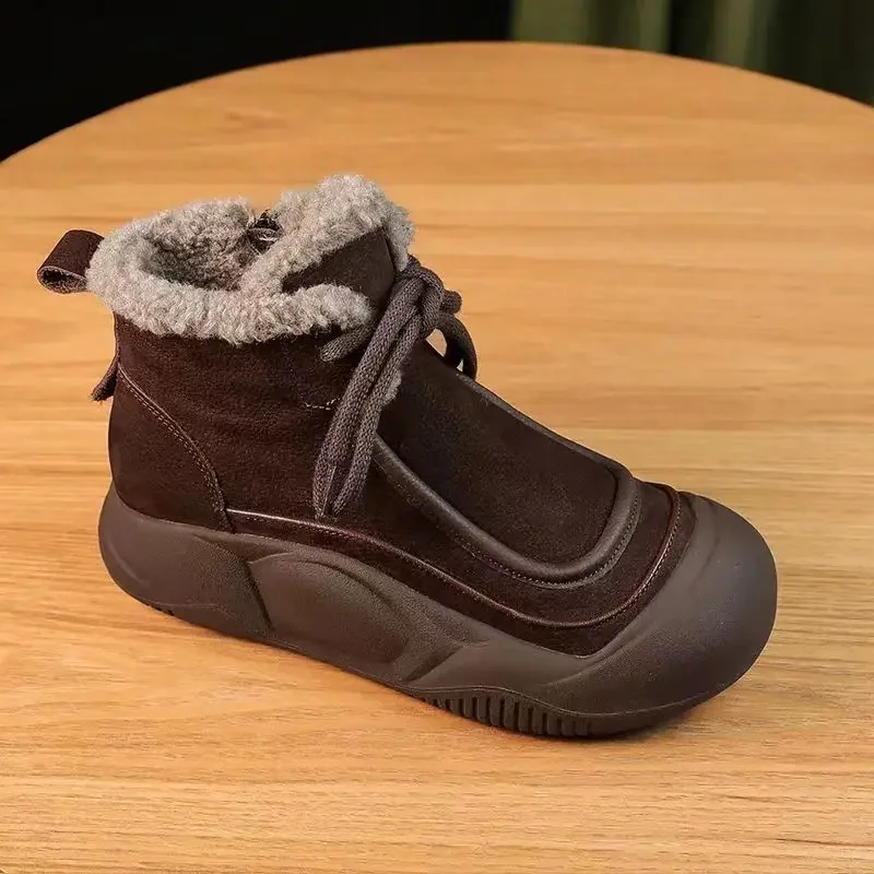 

Mid-Calf Rubber Modern Boots for Women Winter Height Increasing Ladies Shoes Solid Lace-up Round Toe Boots
