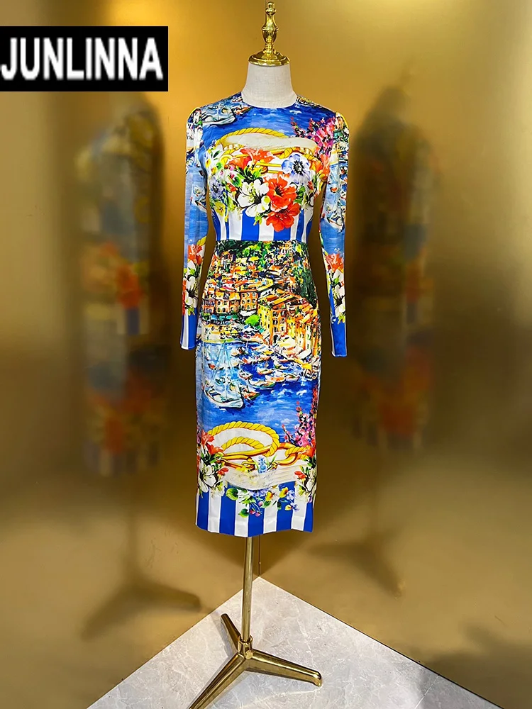 

JUNLINNA Runway Dress 100% Silk Autumn Women O-Neck Long Sleeve Classic Printing Midi Pencil Vestidos High Street Lady