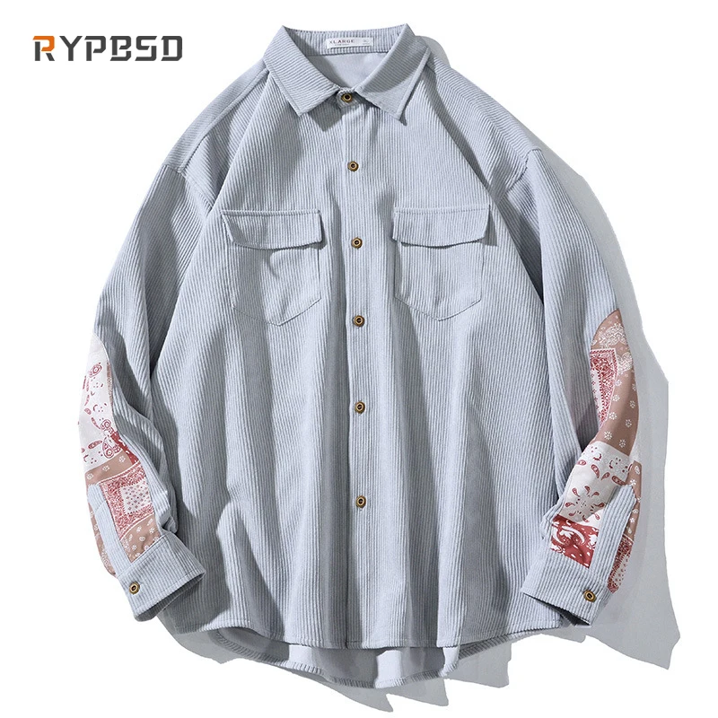 Corduroy Shirts Men Women Autumn Loose Designer Bandana Patchwork Casual Fashion Harajuku Streetwear Long Sleeve Shirt for Men