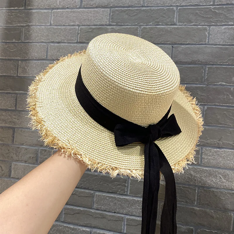 Women Casual Ribbon Straw Hat Vintage Tassel Sun Hat Visor Cap For Cycling Fishing Travel Outdoor